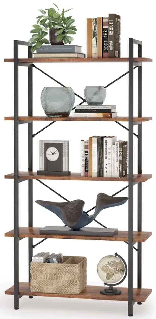 5 Tier Bookshelf, Modern Bookcase with Metal Frame, Rustic Tall Book Shelf Unit for Living Room, Study, Home Office, Deck Boxes