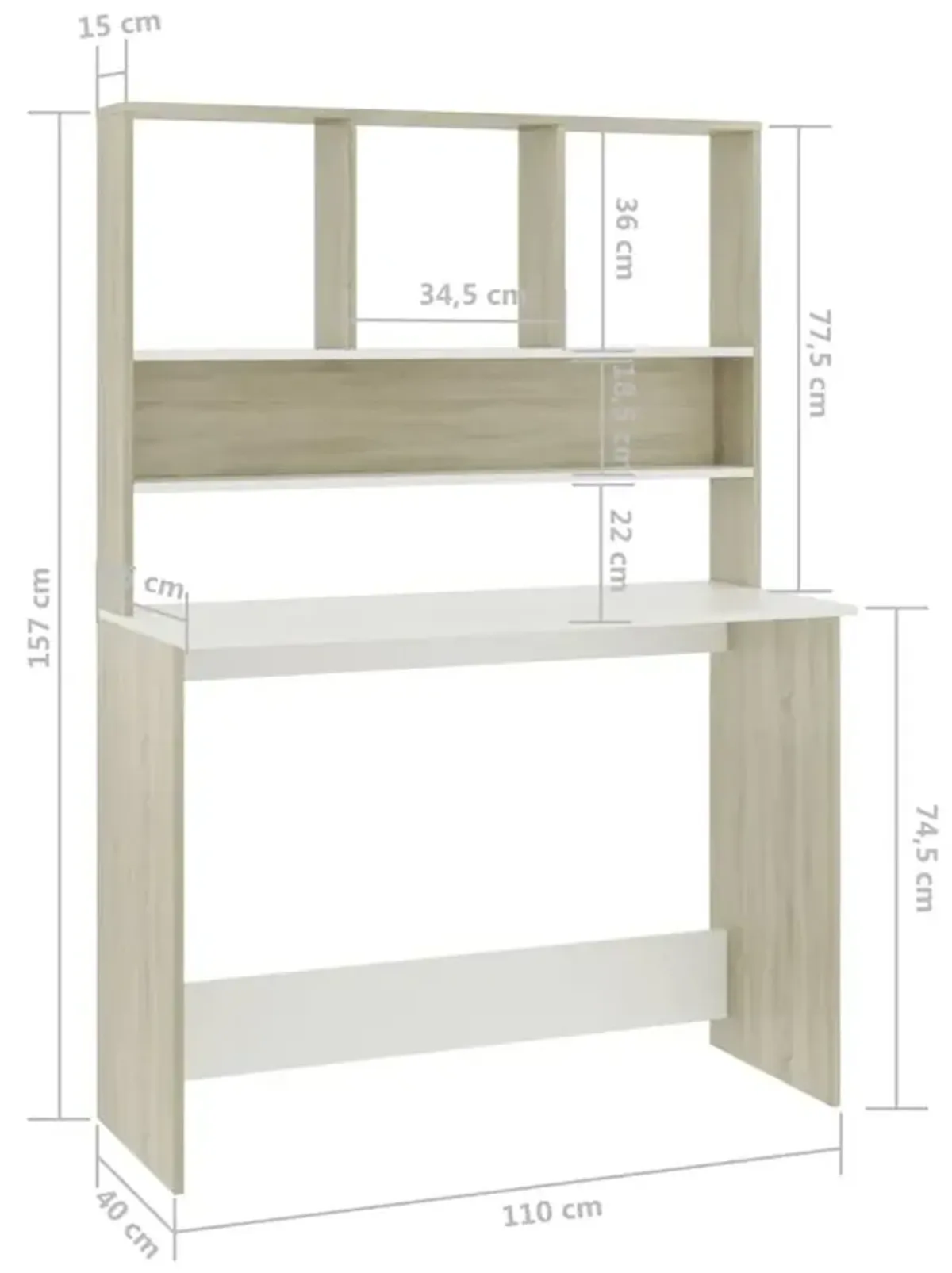 vidaXL Desk with Shelves White and Sonoma Oak 43.3"x17.7"x61.8" Chipboard