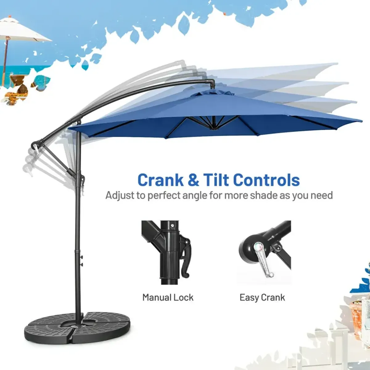 10 Feet Offset Umbrella with 8 Ribs Cantilever and Cross Base