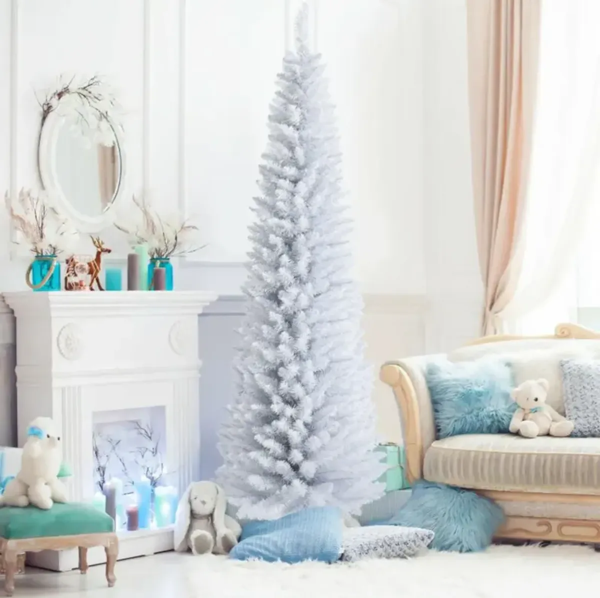 Slim Artificial Christmas Pencil Tree with PVC Needles and Folding Metal Stand