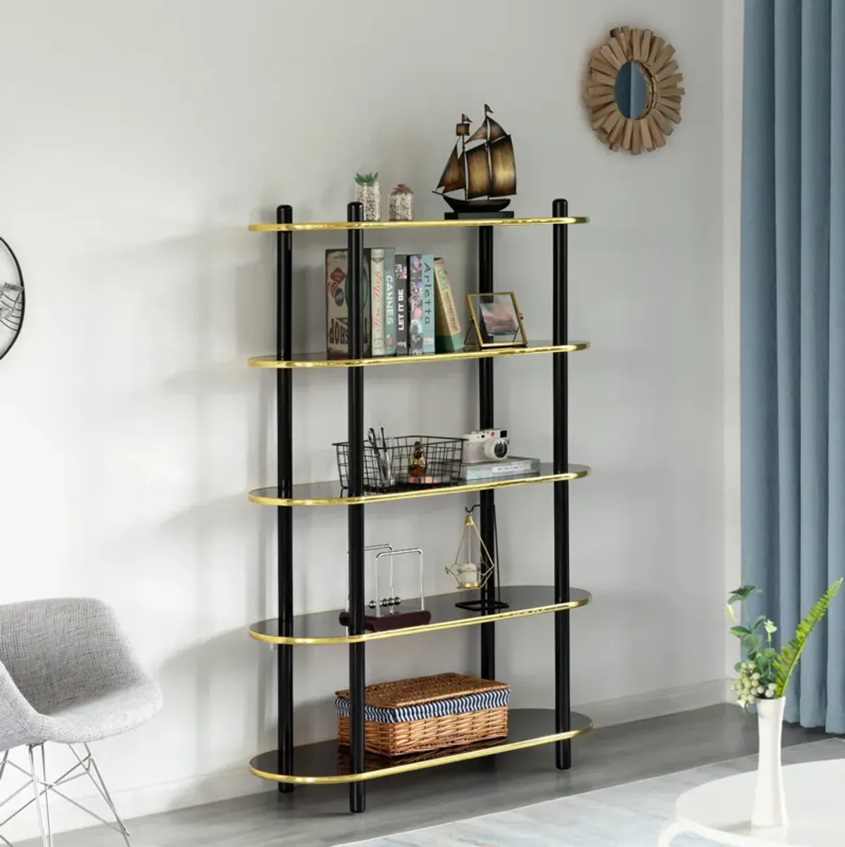 5 Tier Open Bookshelf, Contemporary Classic Modern Style Free Standing Wood Display Rack Unit for Collections, 59" Height Etagere Bookcase, Brown