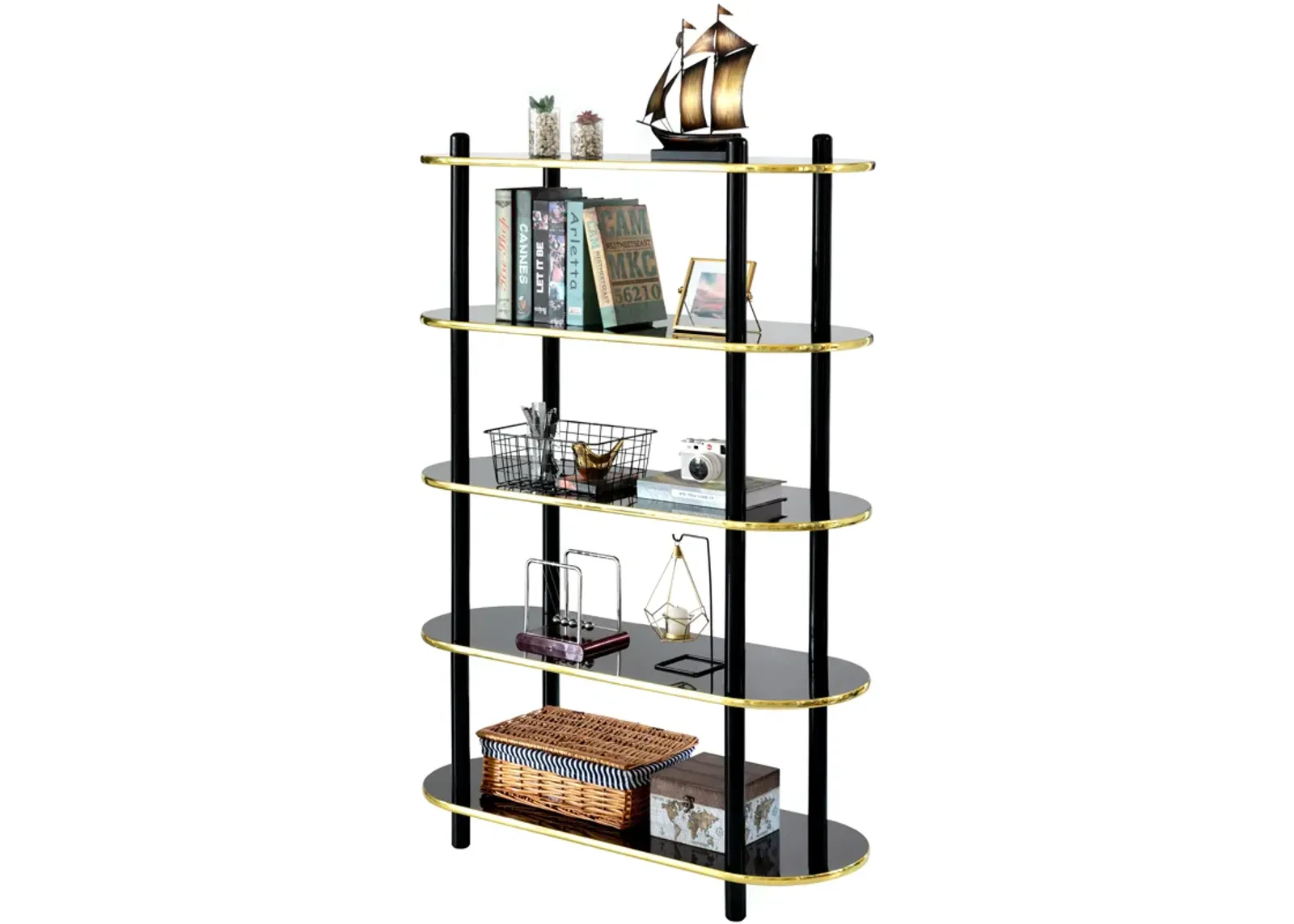 5 Tier Open Bookshelf, Contemporary Classic Modern Style Free Standing Wood Display Rack Unit for Collections, 59" Height Etagere Bookcase, Brown