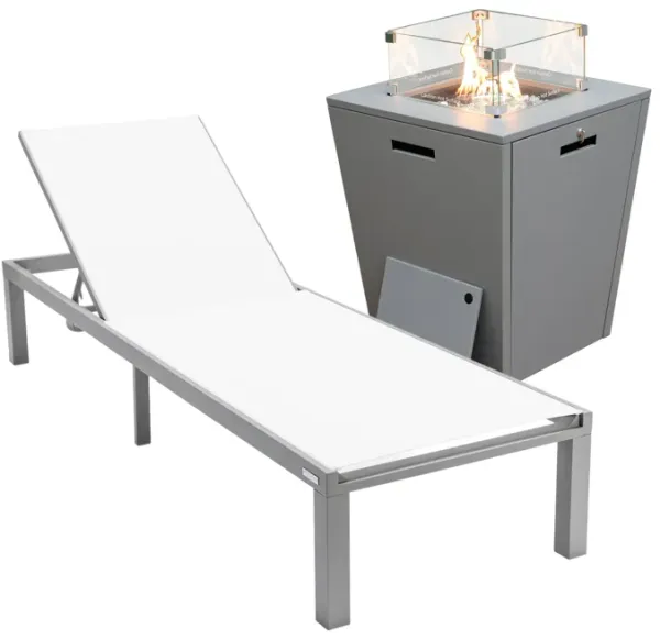 LeisureMod Marlin Modern Black Aluminum Outdoor Patio Chaise Lounge Chair in Grey Frame with Square Fire Pit Side Table