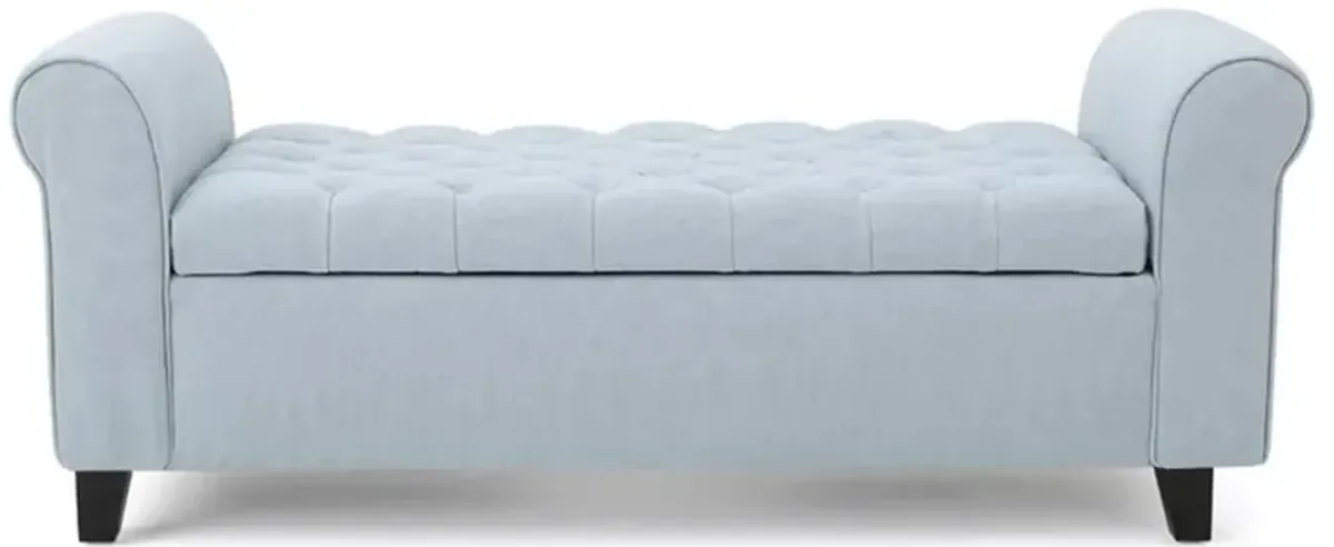 Storage Ottoman Bench, 50 Inch Light Blue, Rolled Arms, Black Wood - Benzara