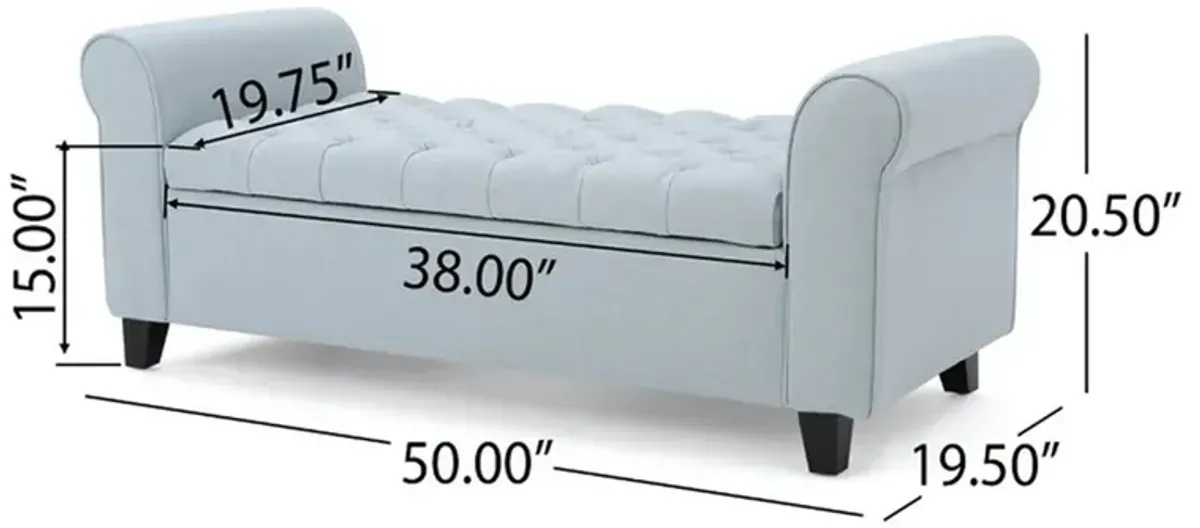 Storage Ottoman Bench, 50 Inch Light Blue, Rolled Arms, Black Wood - Benzara