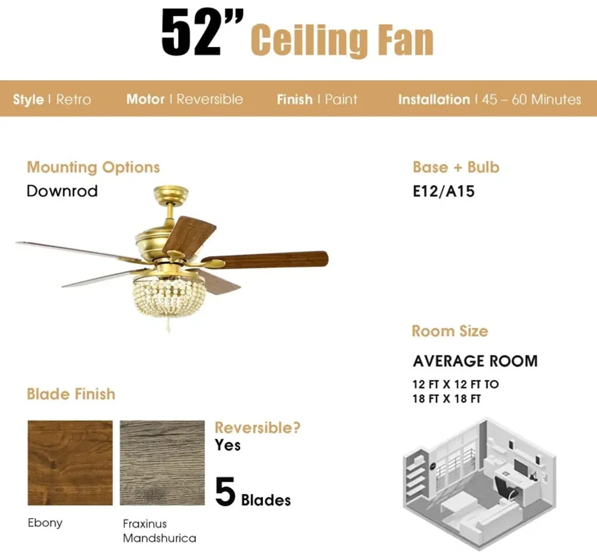 52 Inch Retro Ceiling Fan Light with Reversible Blades Remote Control-Golden