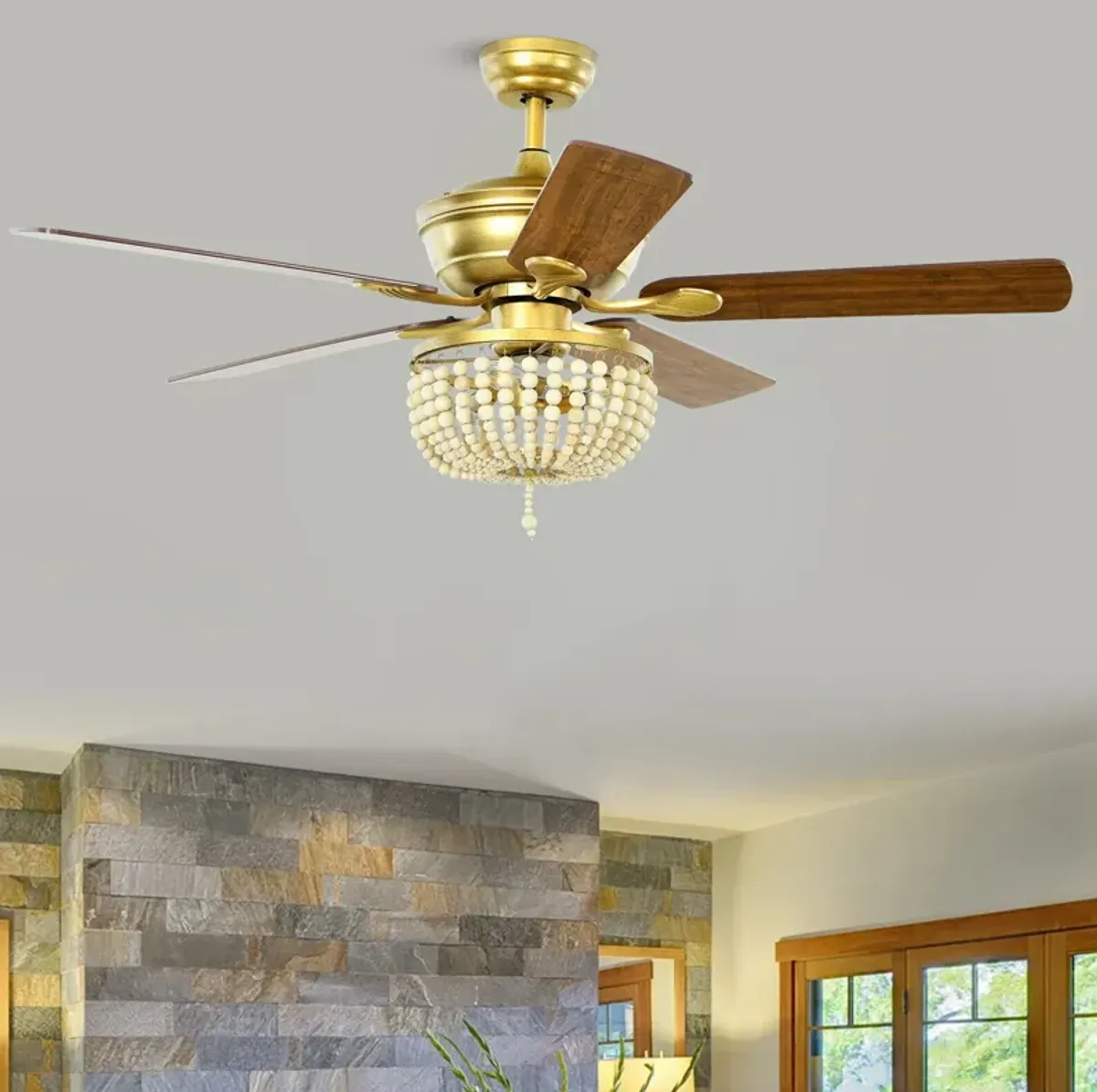 52 Inch Retro Ceiling Fan Light with Reversible Blades Remote Control-Golden