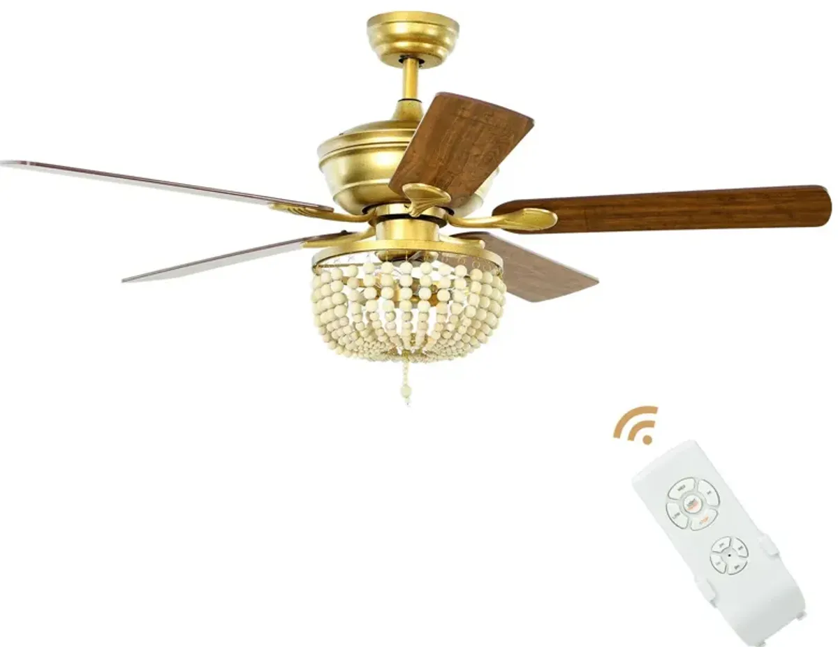 52 Inch Retro Ceiling Fan Light with Reversible Blades Remote Control-Golden