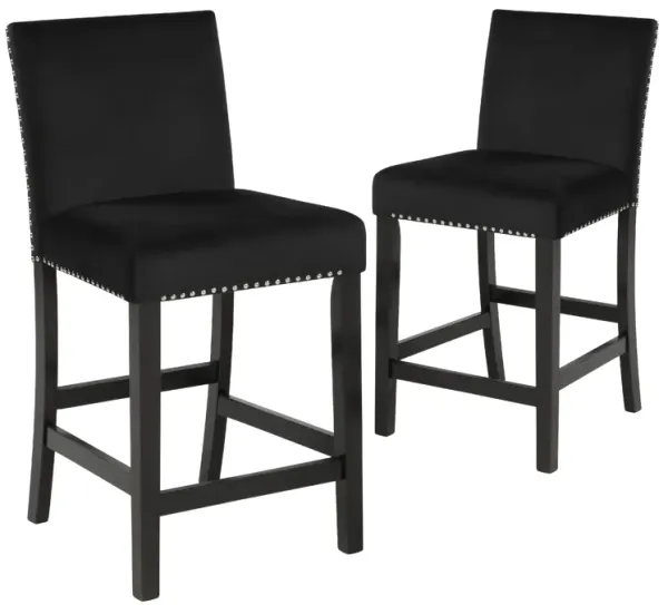 Kate 40 Inch Wooden Counter Height Chair with Velvet Seat, Set of 2, Black - Benzara