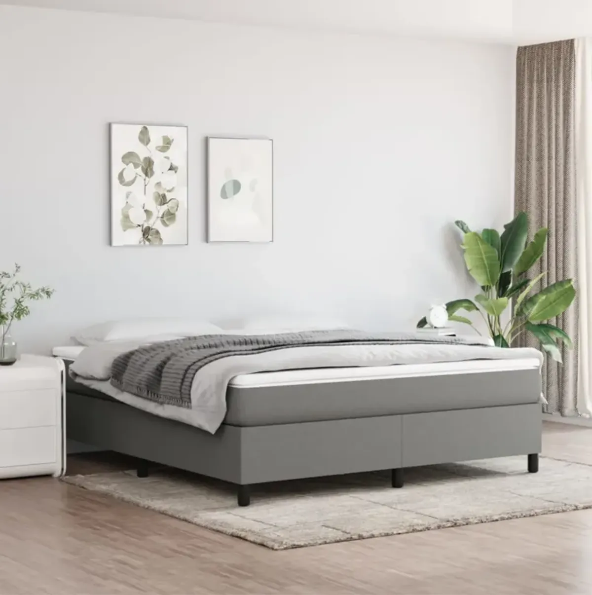 vidaXL King Size Box Spring Bed Frame with Dark Gray Fabric Upholstery - Modern Style Bedroom Furniture, Engineered Plywood Construction, 76"x79.9" Mattress Compatibility