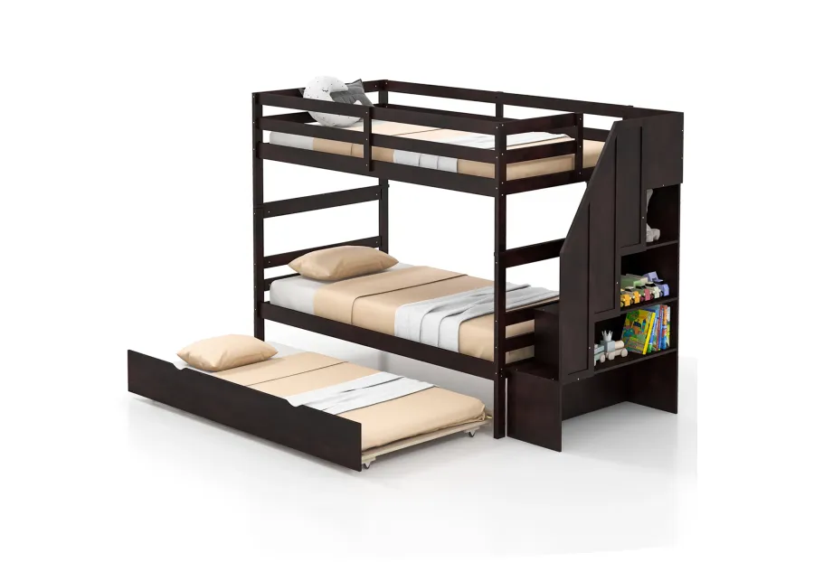 Home Wood Bunk Bed with Guard Rail and 4-step Storage Stairs No Box Spring Needed