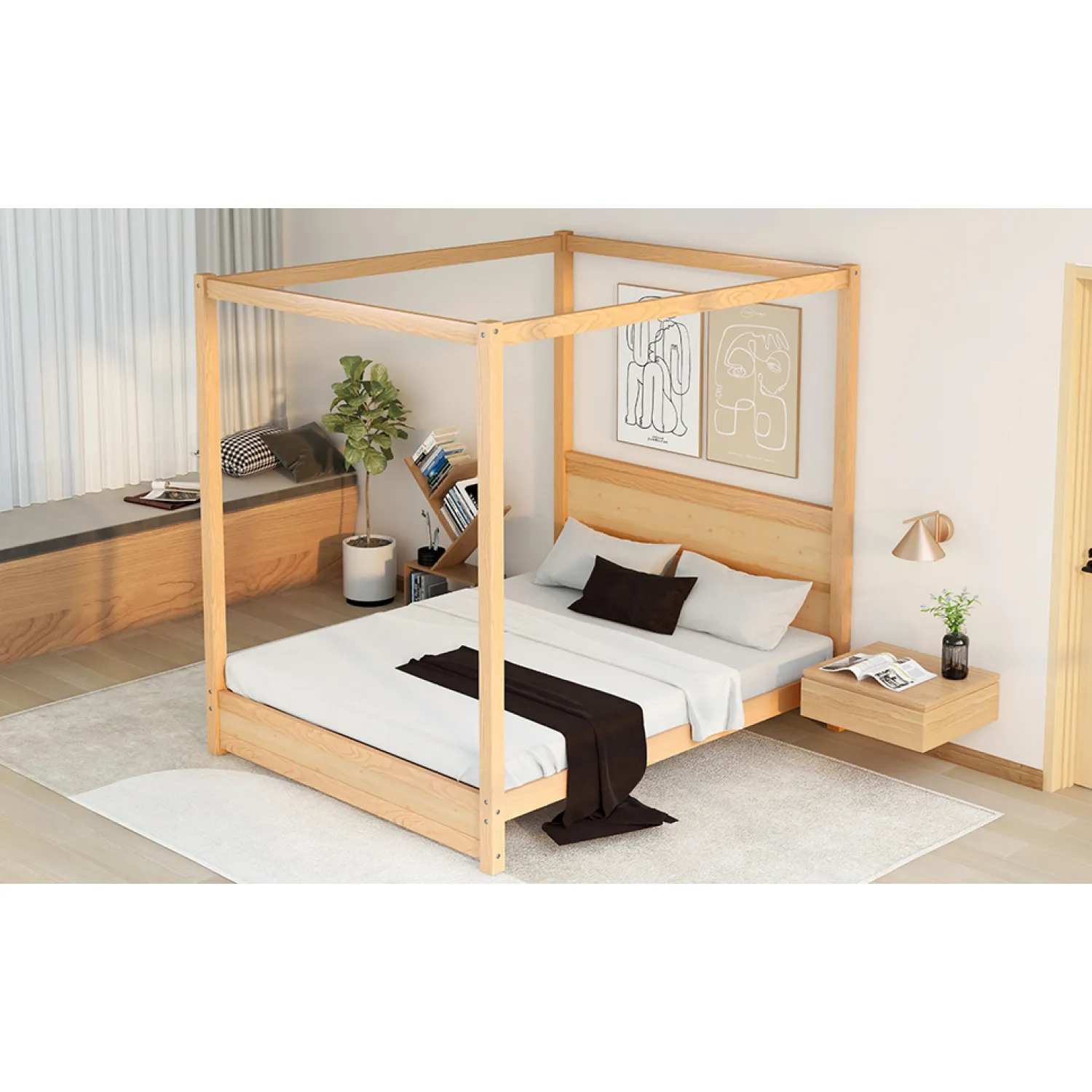 Queen Size Canopy Platform Bed with Headboard and Support Legs