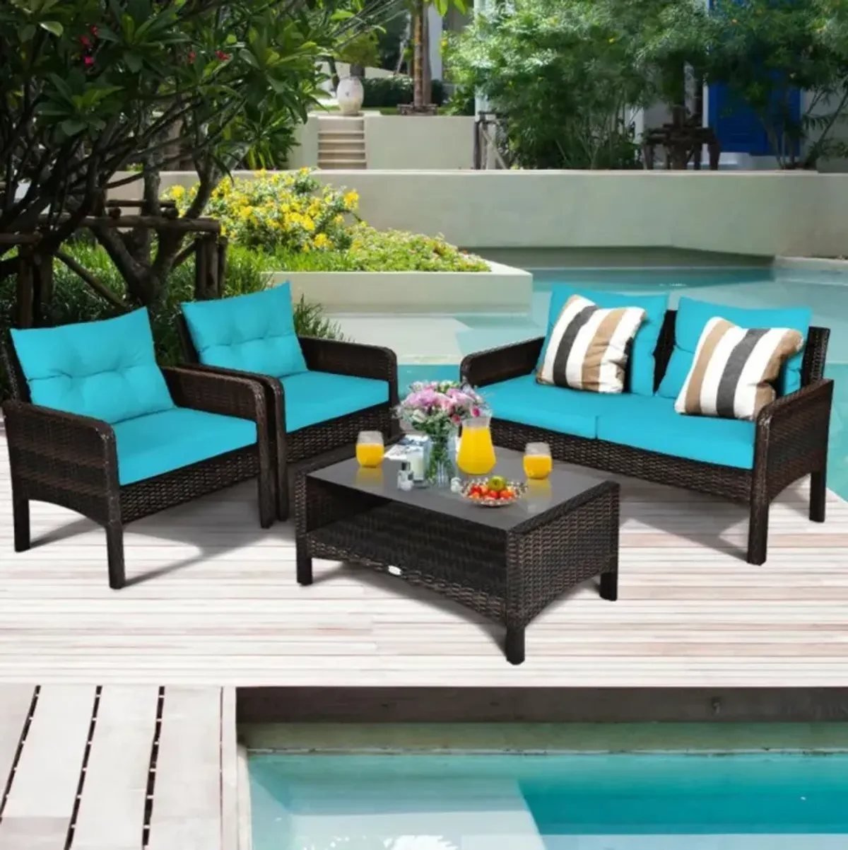 Hivvago 4 Pieces Patio Rattan Sofa Set Free-Combination with Cushion and Coffee Table