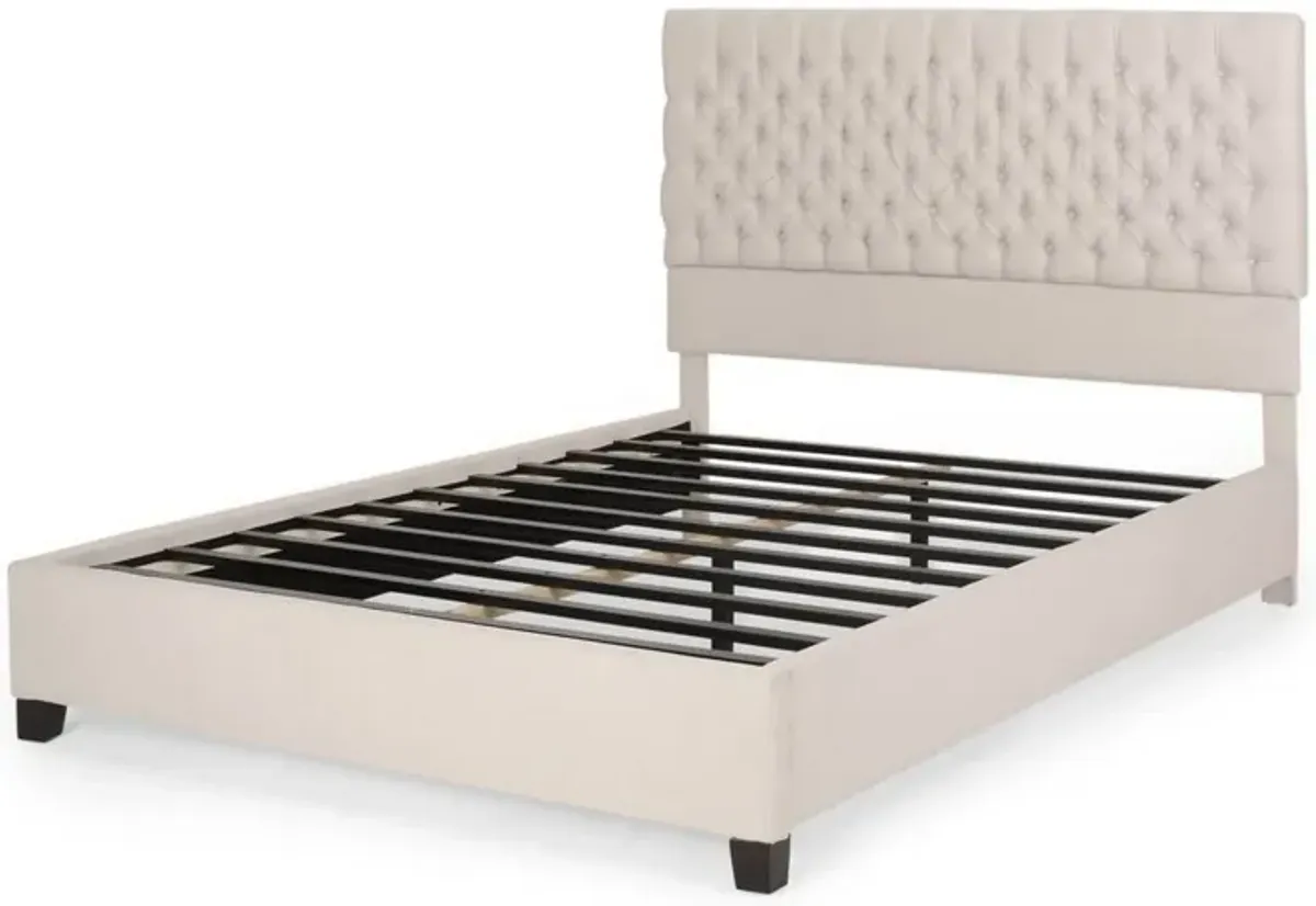 Amare Platform Queen Size Bed, Ivory White Polyester, Button Tufting - Benzara