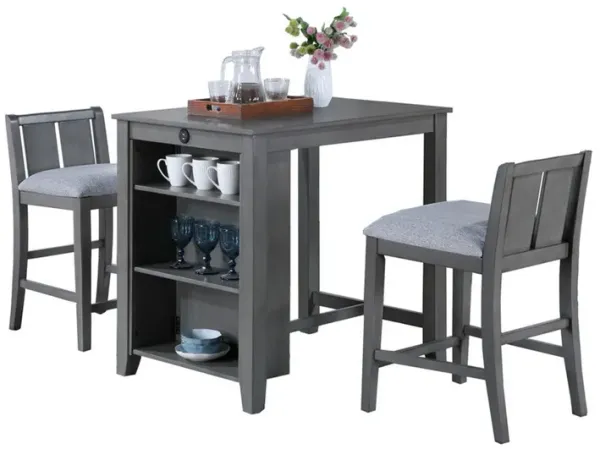 Ham 3 Piece Counter Height Compact Dining Table, Chair Set, Gray Wood - Benzara