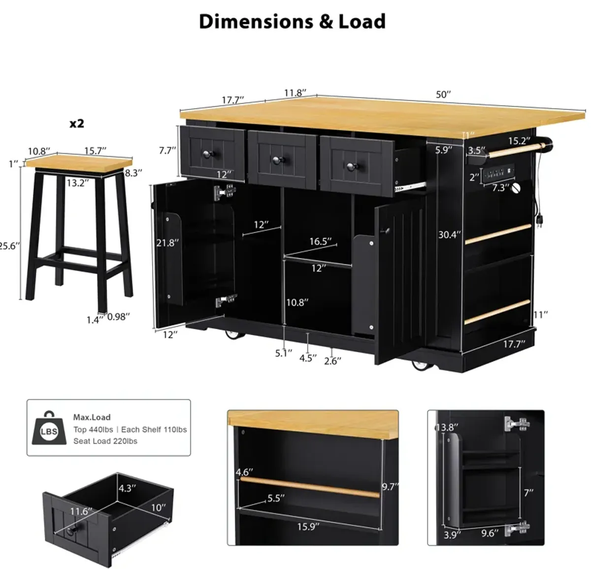 Merax Kitchen Island with 2 Bar Stools