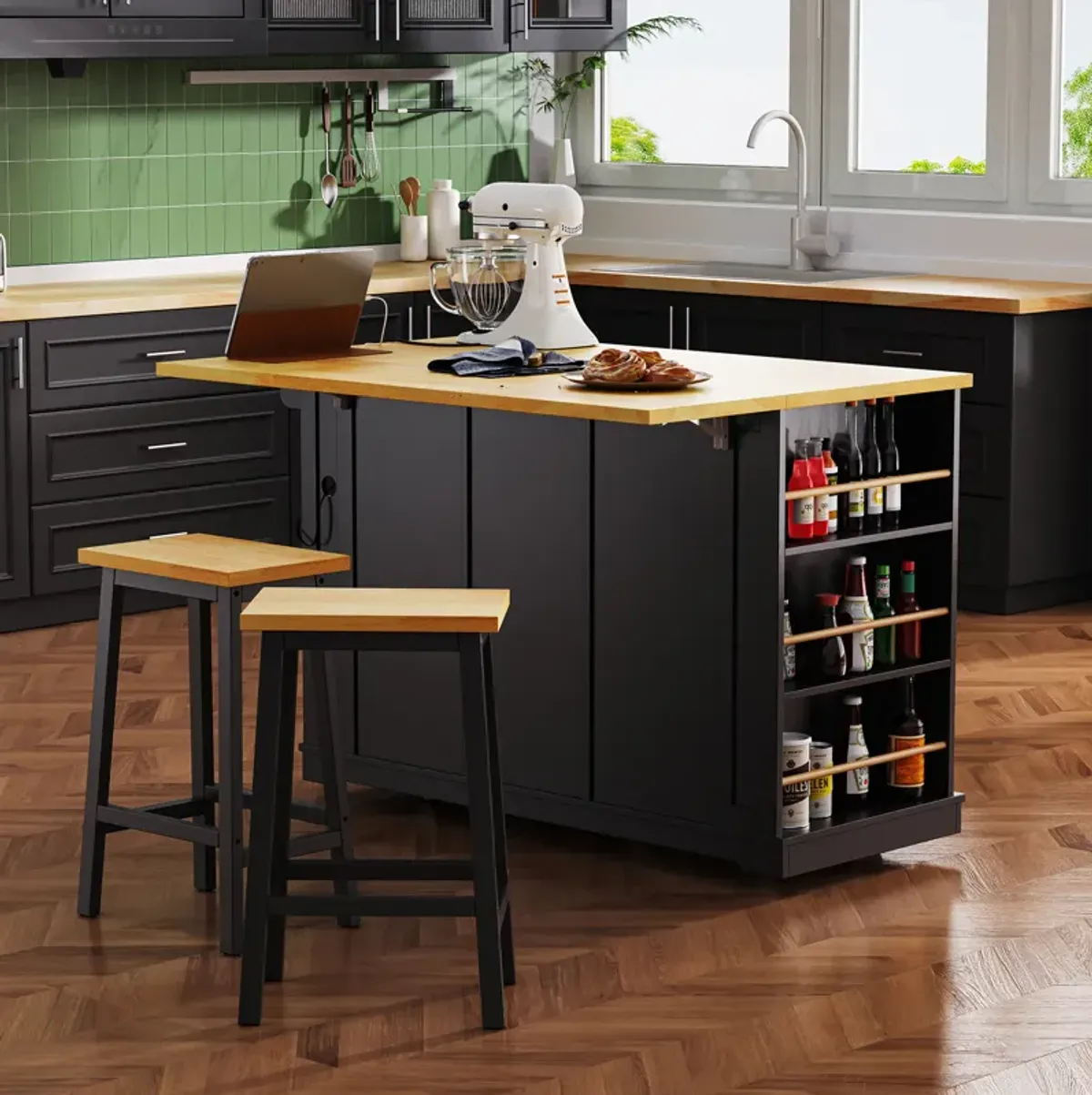 Merax Kitchen Island with 2 Bar Stools