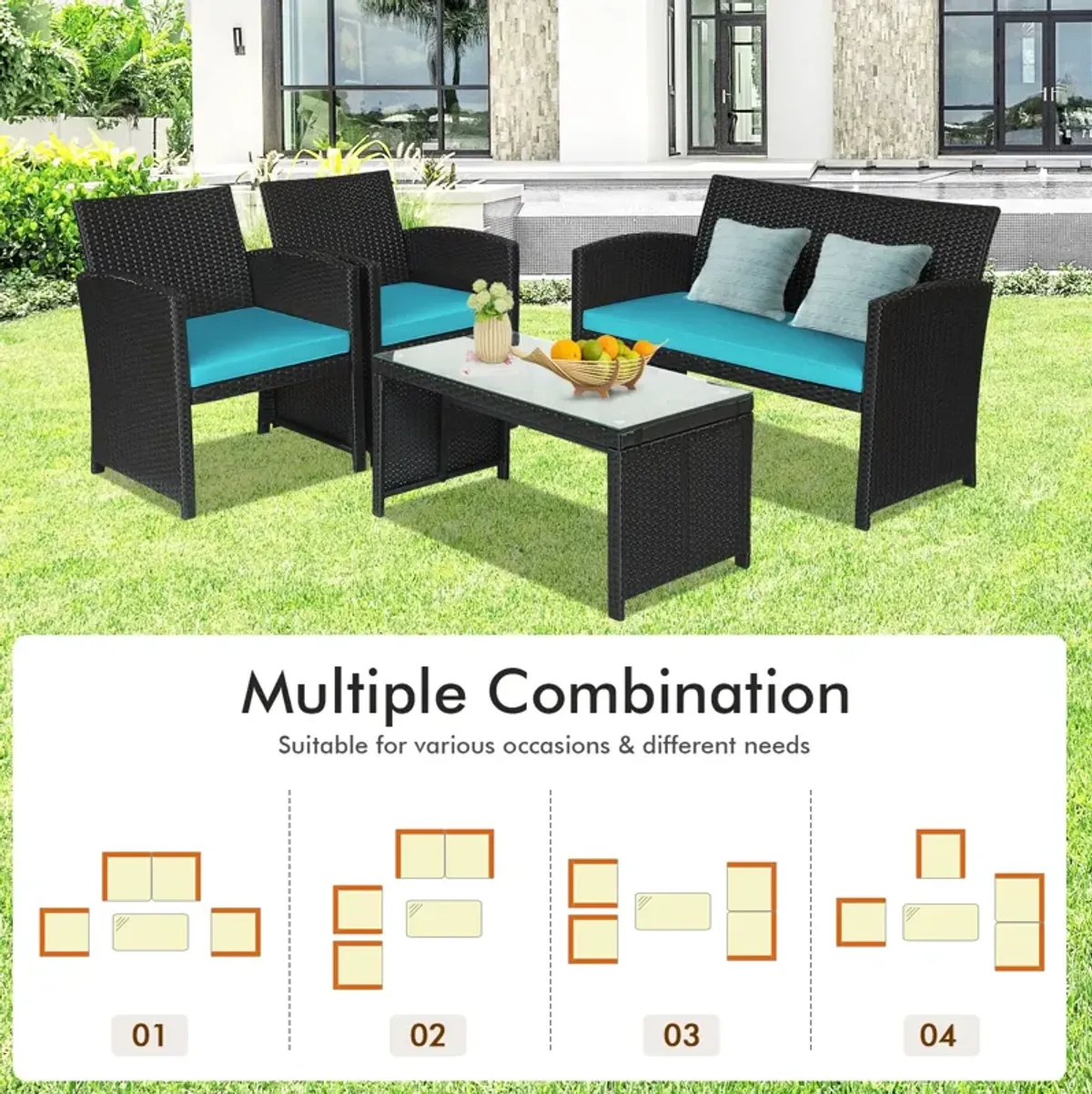 4 Pieces Rattan Patio Furniture Set with Weather Resistant Cushions and Tempered Glass Tabletop