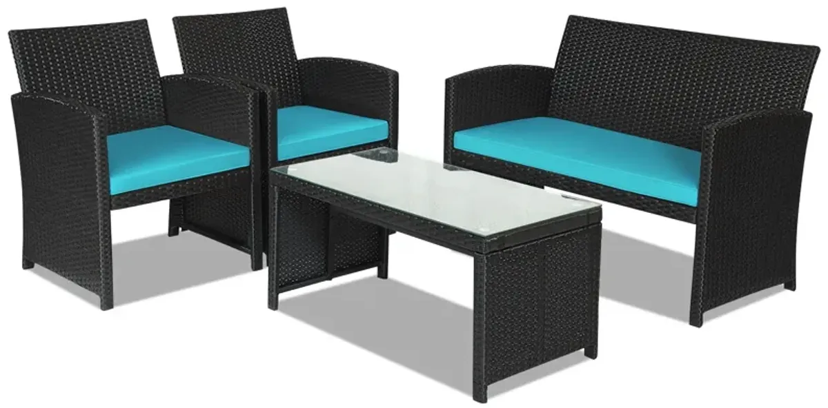 4 Pieces Rattan Patio Furniture Set with Weather Resistant Cushions and Tempered Glass Tabletop