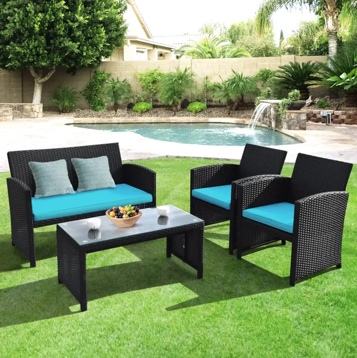 4 Pieces Rattan Patio Furniture Set with Weather Resistant Cushions and Tempered Glass Tabletop