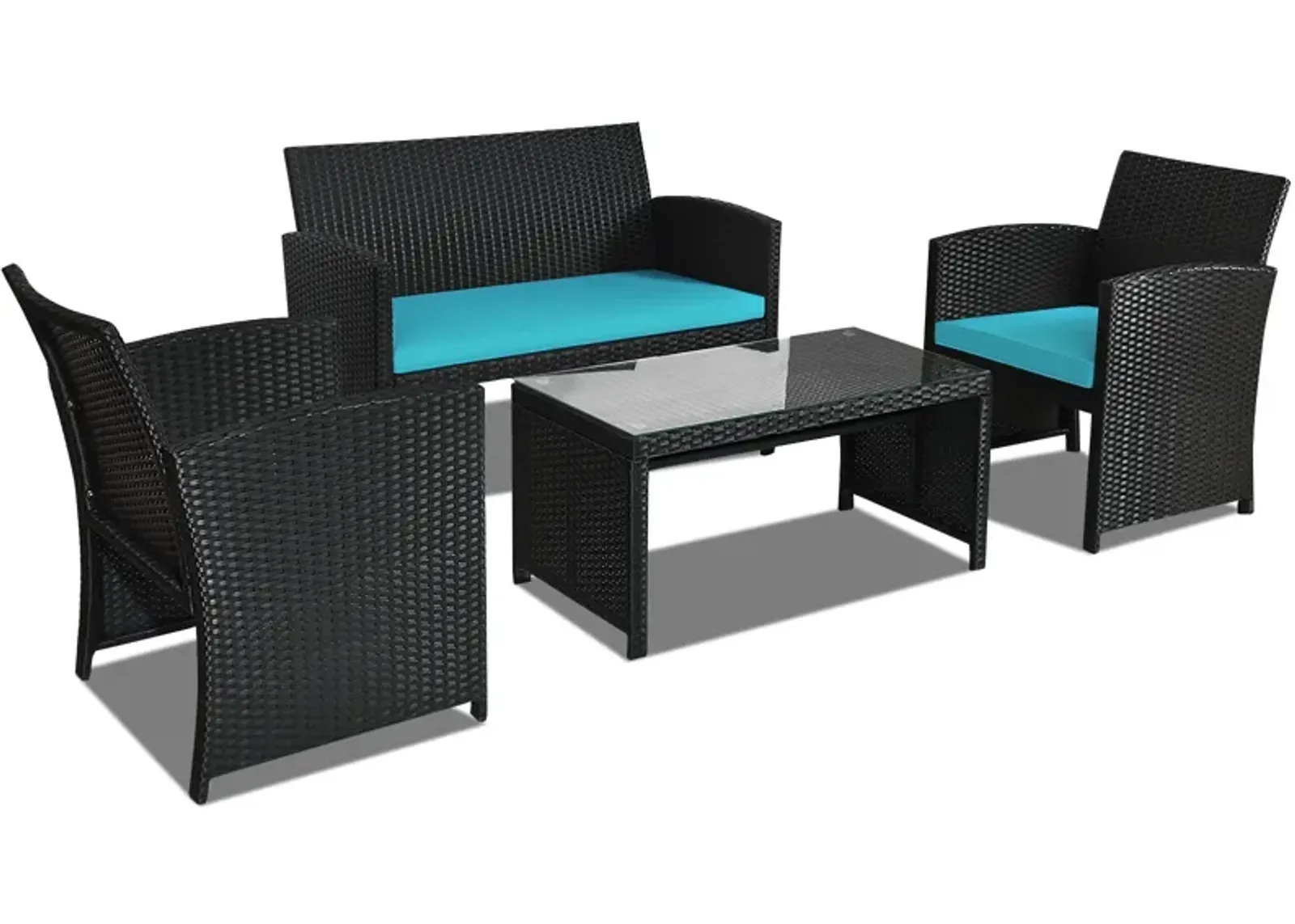 4 Pieces Rattan Patio Furniture Set with Weather Resistant Cushions and Tempered Glass Tabletop