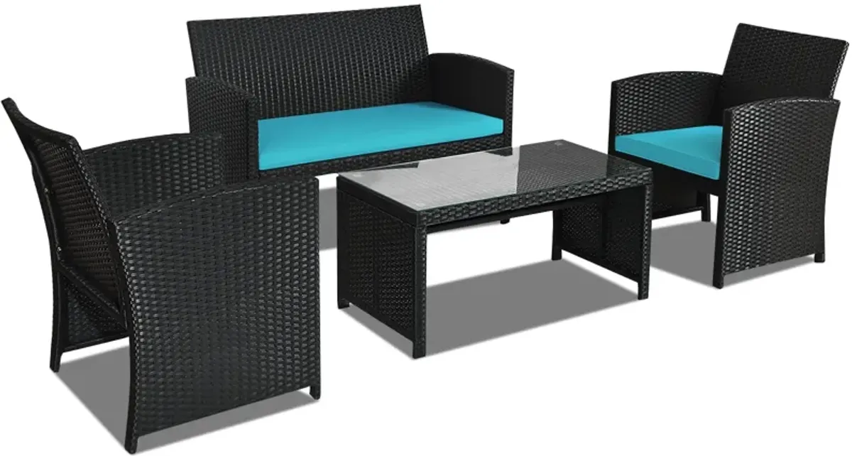 4 Pieces Rattan Patio Furniture Set with Weather Resistant Cushions and Tempered Glass Tabletop