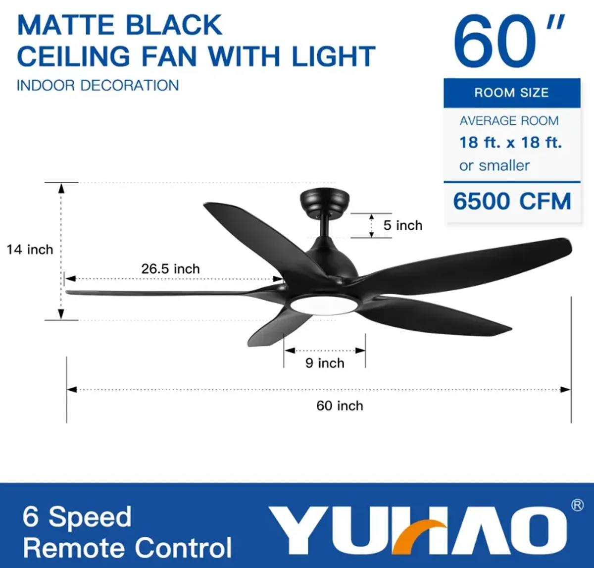 60 In Integrated LED Ceiling Fan Lighting With Black Abs Blade