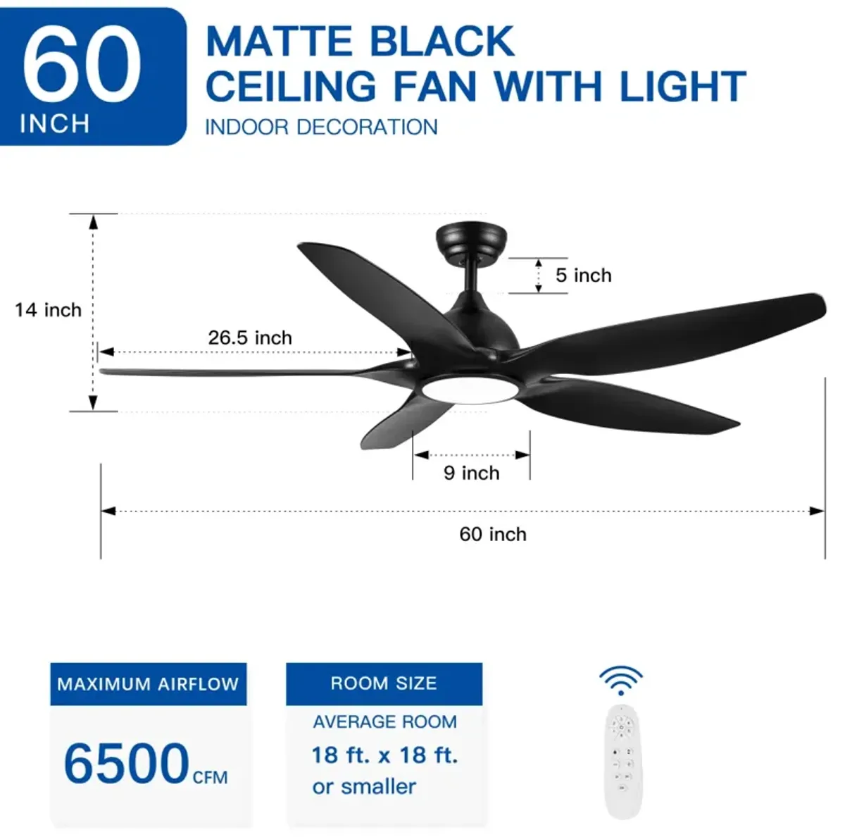 60 In Integrated LED Ceiling Fan Lighting With Black Abs Blade