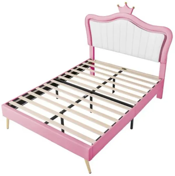 Upholstered Princess Bed with Crown Headboard and Built-in LED Lights