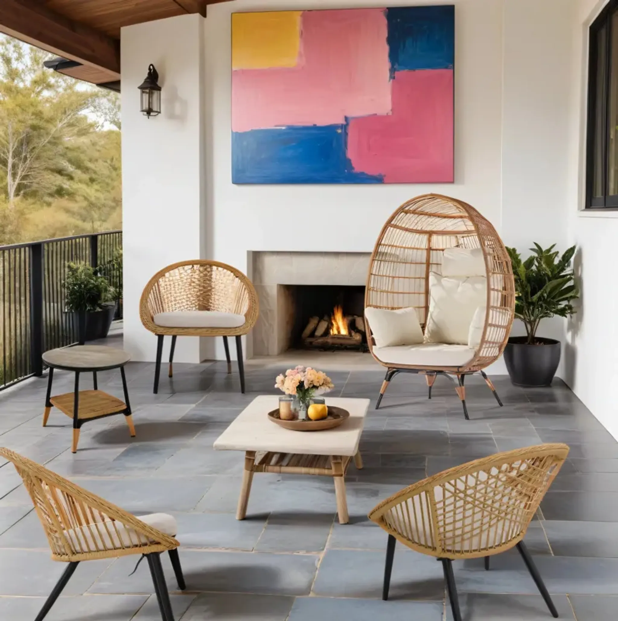 Mondawe Outdoor Wicker Metal Mesh Shell Chairs And Side Table Set Set ...