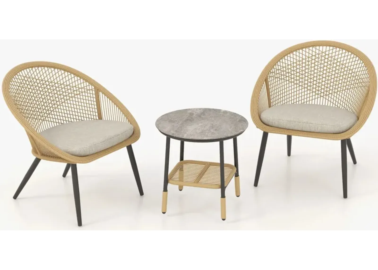 MONDAWE Outdoor Wicker Metal Mesh Shell Chairs and Side Table Set - Set of 2