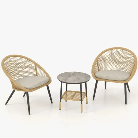 MONDAWE Outdoor Wicker Metal Mesh Shell Chairs and Side Table Set - Set of 2