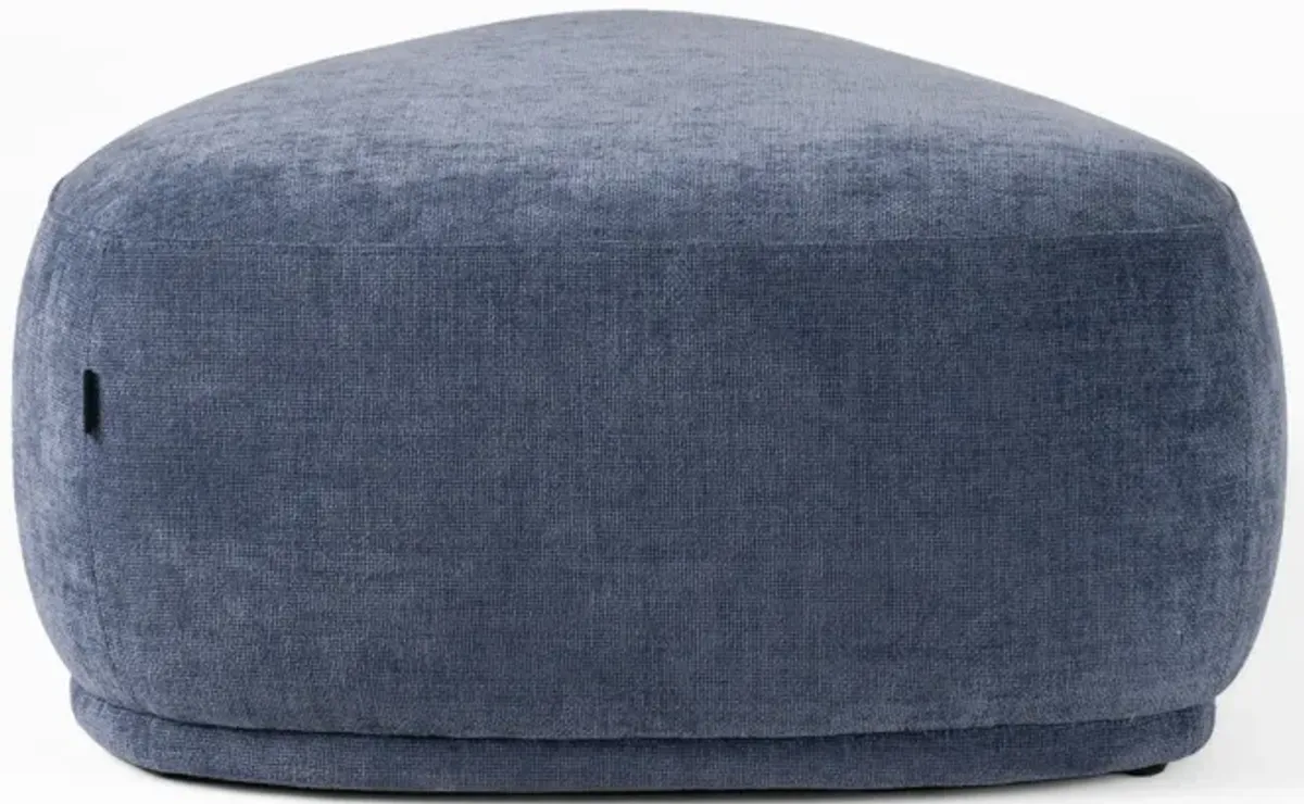 Reno Kini 44 Inch Ottoman, River Rock Shape, Blue Polyester, Wood Frame - Benzara