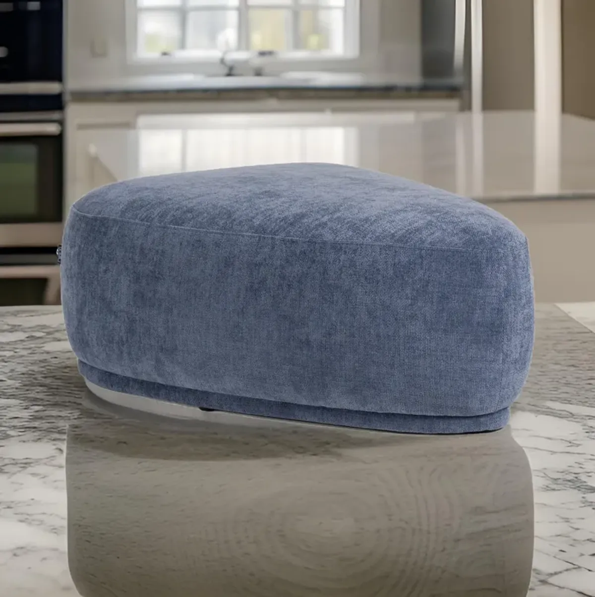 Reno Kini 44 Inch Ottoman, River Rock Shape, Blue Polyester, Wood Frame - Benzara