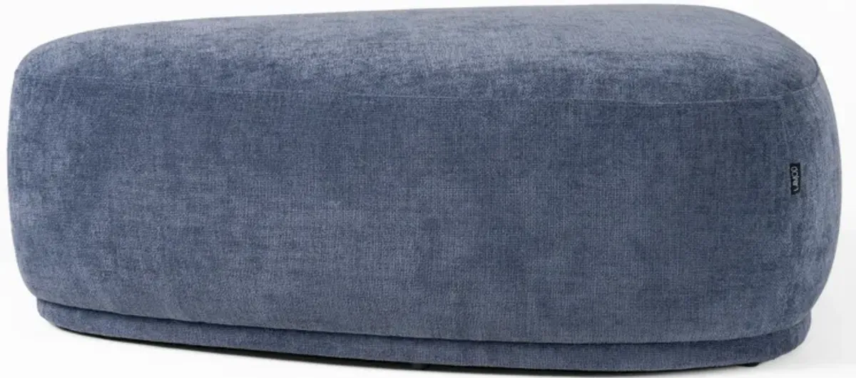 Reno Kini 44 Inch Ottoman, River Rock Shape, Blue Polyester, Wood Frame - Benzara