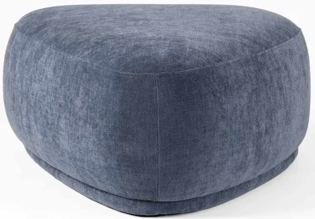 Reno Kini 44 Inch Ottoman, River Rock Shape, Blue Polyester, Wood Frame - Benzara