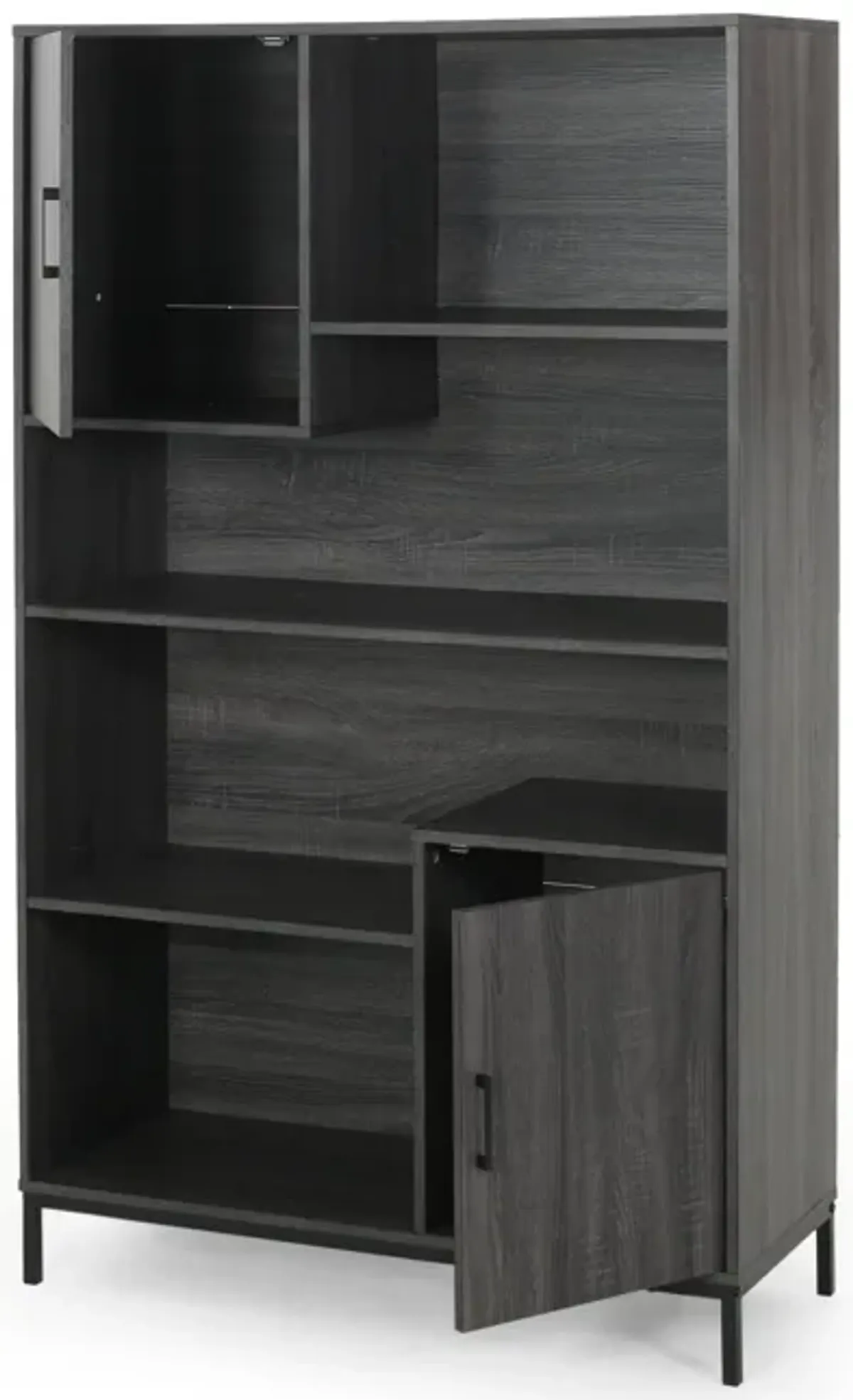 Eby Cube Bookcase, 65 Inch Tall, 4 Shelves, 2 Doors, Dark Gray Wood - Benzara