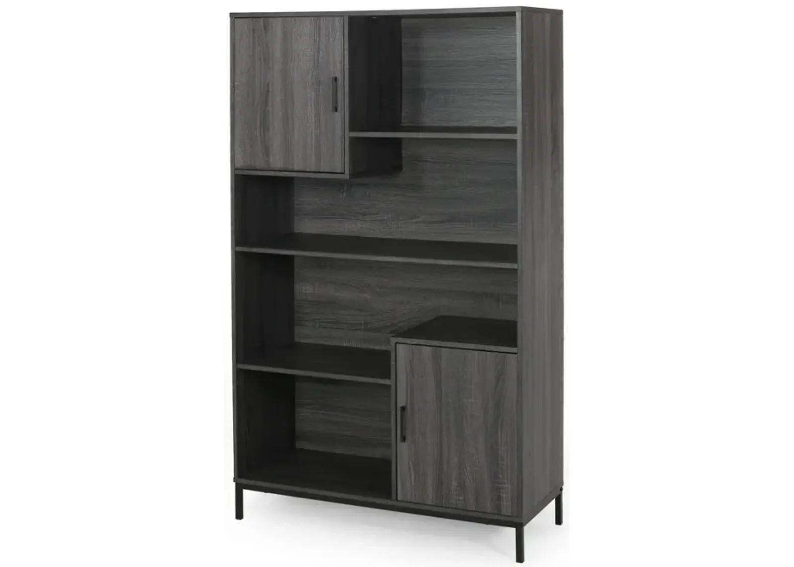 Eby Cube Bookcase, 65 Inch Tall, 4 Shelves, 2 Doors, Dark Gray Wood - Benzara