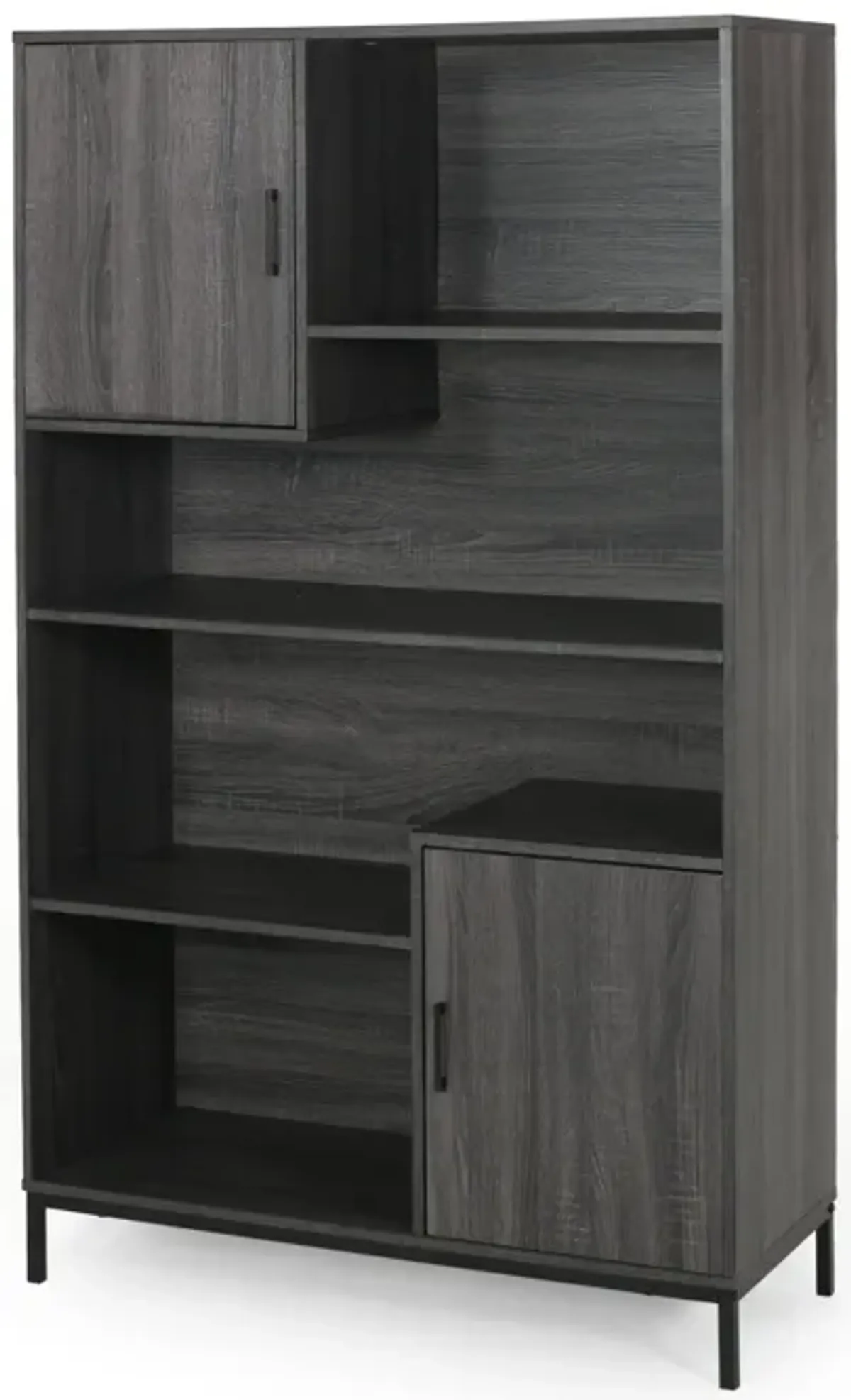 Eby Cube Bookcase, 65 Inch Tall, 4 Shelves, 2 Doors, Dark Gray Wood - Benzara