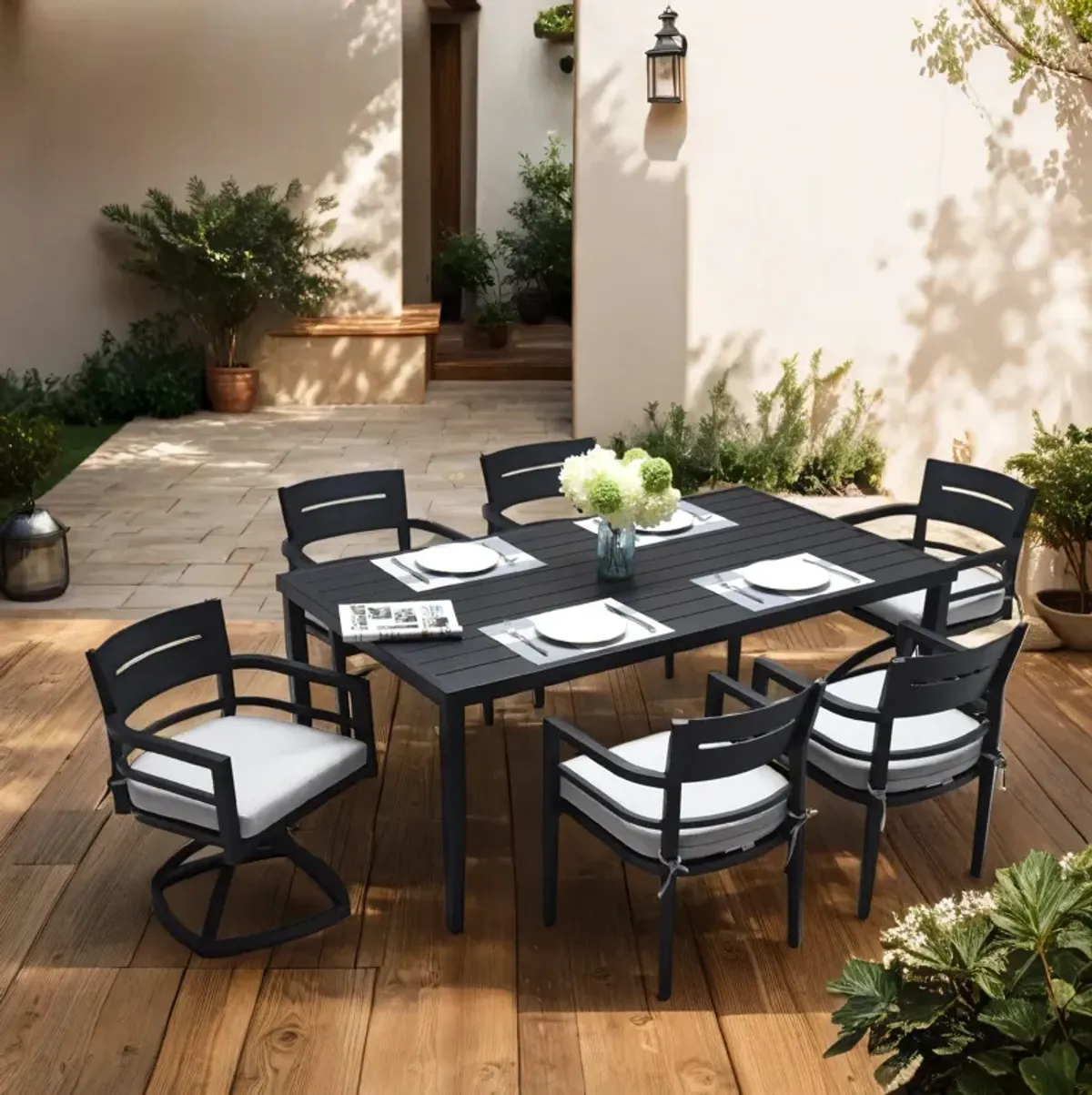 MONDAWE 7 Pieces Outdoor Patio Aluminum Furniture,Modern Dining Set,Including 4 Dining Chairs & 2 Swivel Rockers Sunbrella Fabric Cushioned and Rectangle Dining Table with Umbrella Hole,Ember Black