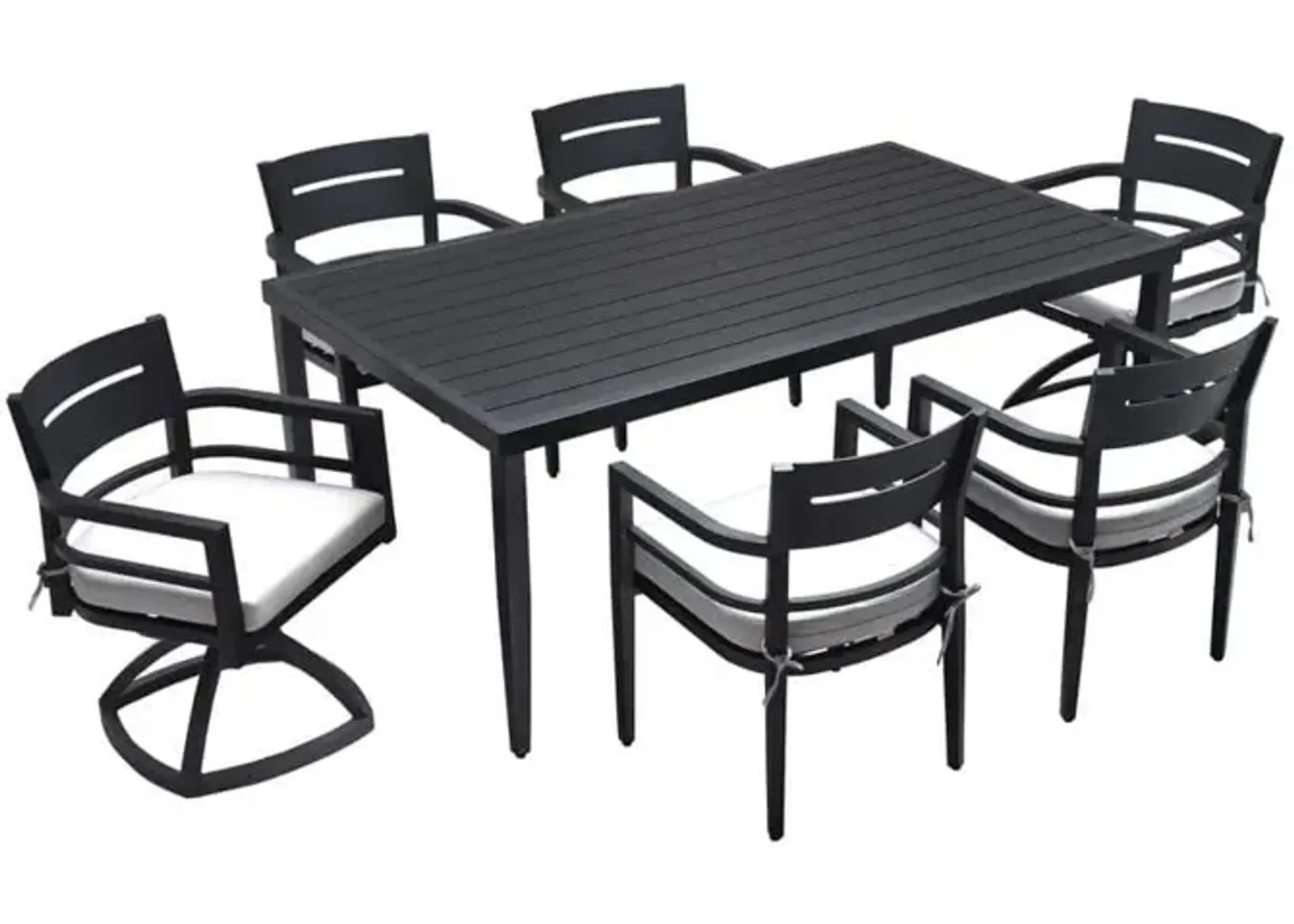 MONDAWE 7 Pieces Outdoor Patio Aluminum Furniture,Modern Dining Set,Including 4 Dining Chairs & 2 Swivel Rockers Sunbrella Fabric Cushioned and Rectangle Dining Table with Umbrella Hole,Ember Black