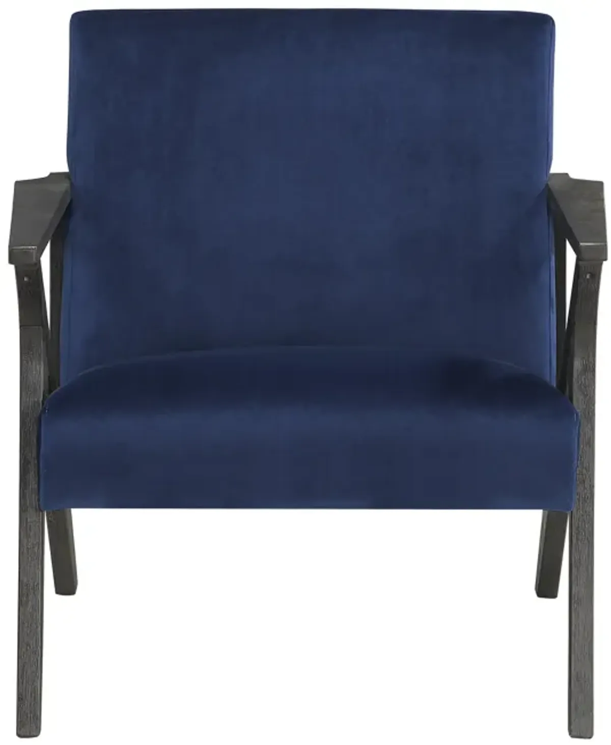 Esme 35 Inch Accent Chair Wood Armchair, Blue Velvet Cushioned Seat, Gray - Benzara