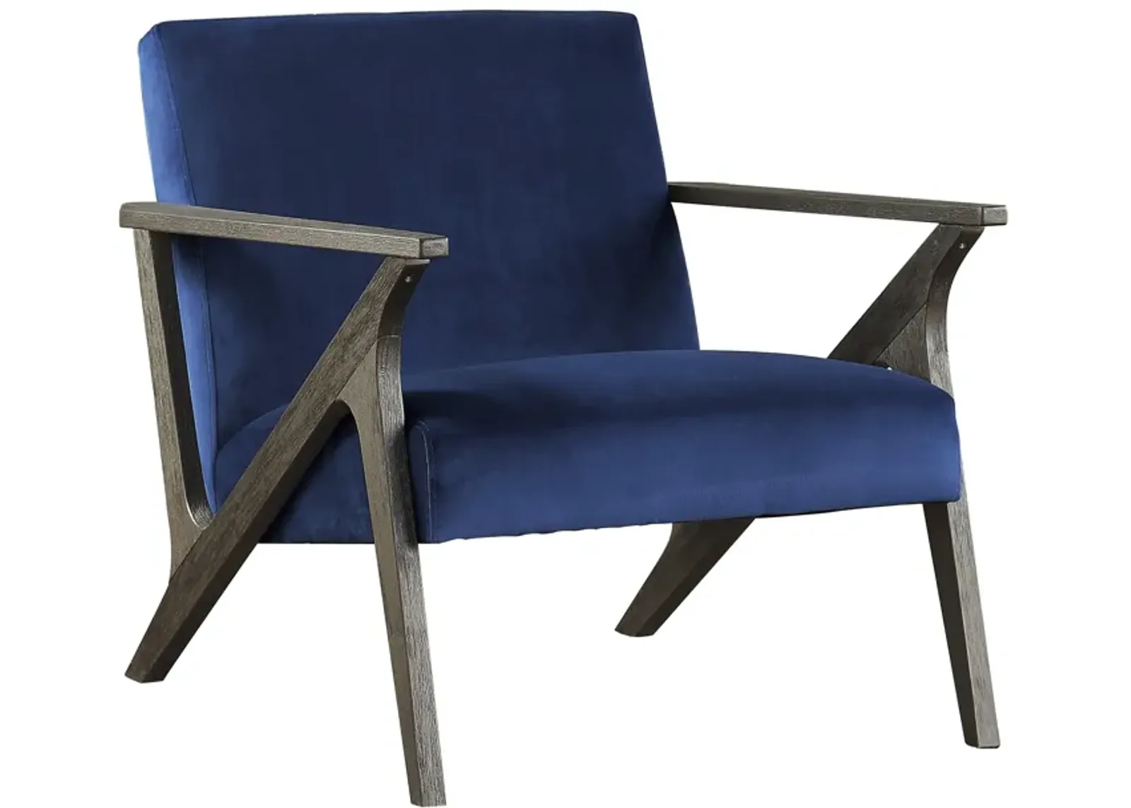 Esme 35 Inch Accent Chair Wood Armchair, Blue Velvet Cushioned Seat, Gray - Benzara