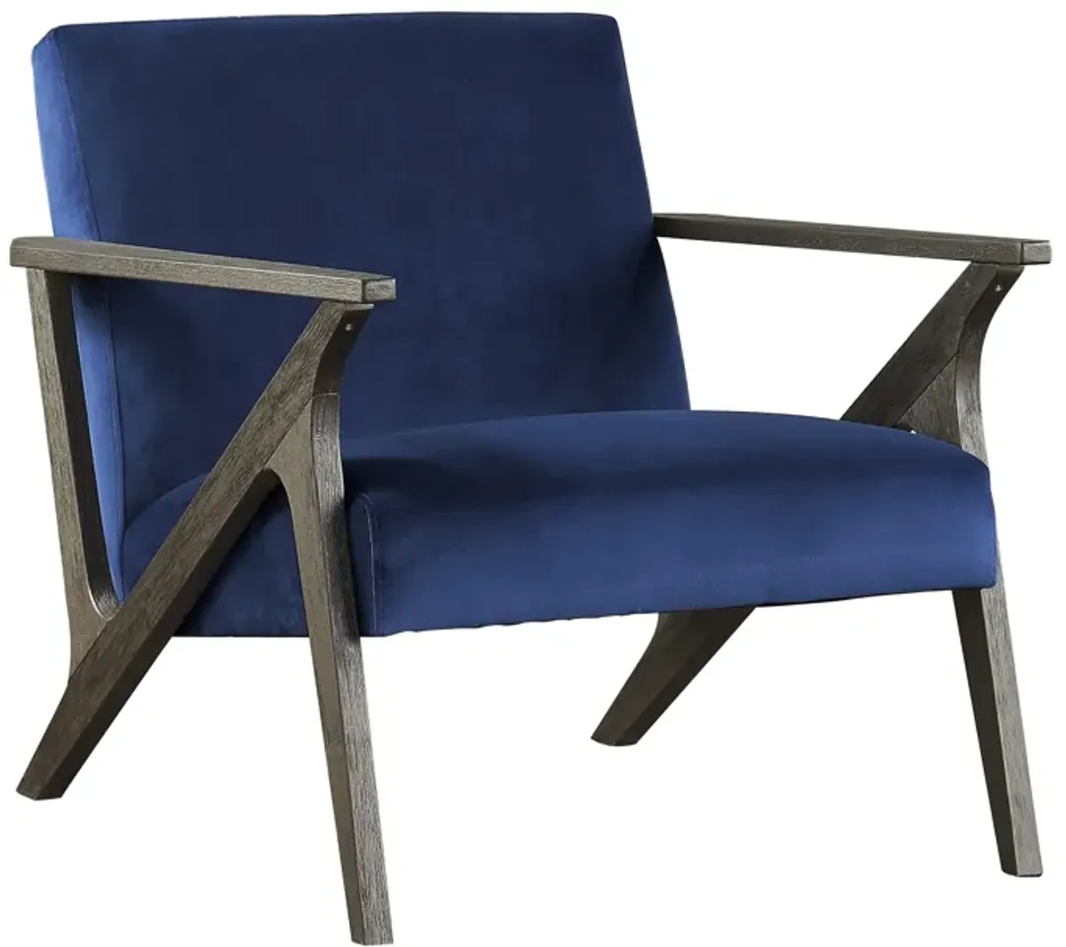 Esme 35 Inch Accent Chair Wood Armchair, Blue Velvet Cushioned Seat, Gray - Benzara