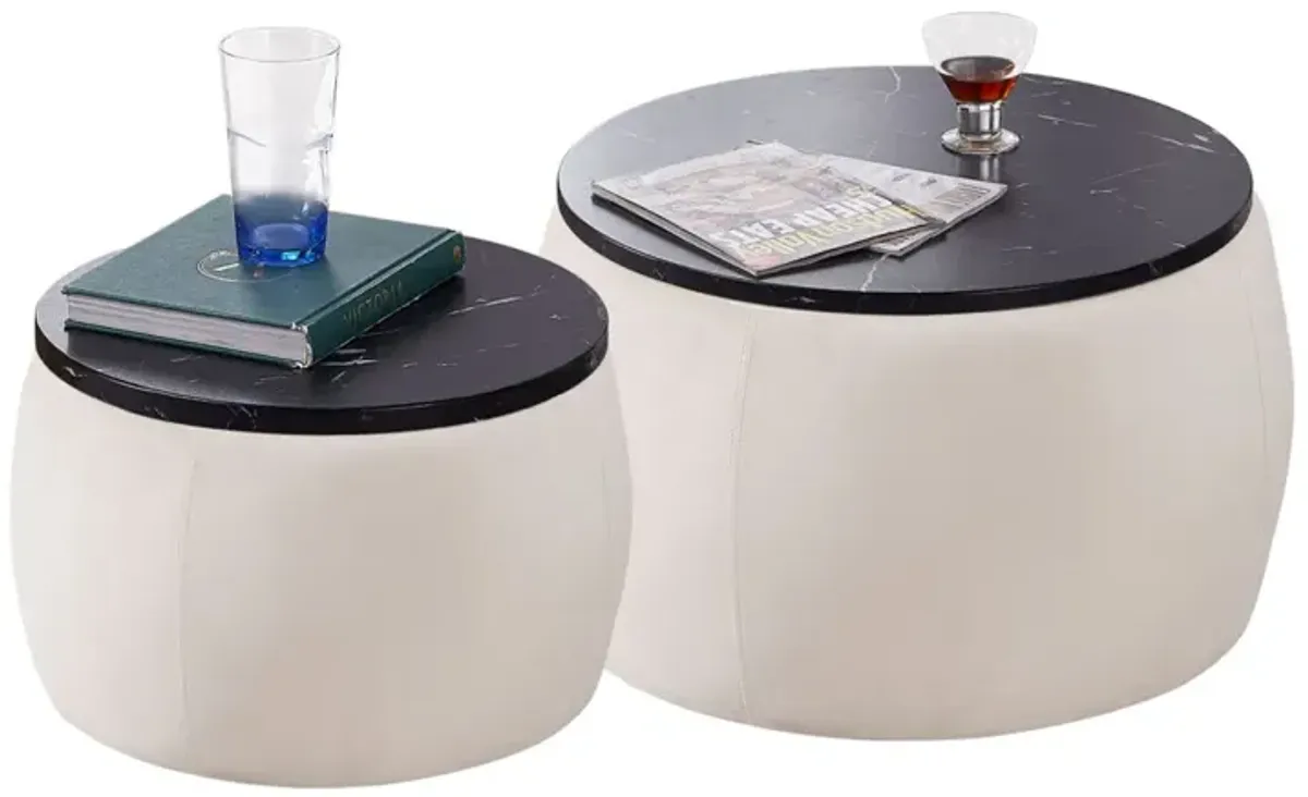 Set Of 2 Nesting Round Storage Ottoman, Coffee Table Footstool With MDF Cover For Living Room