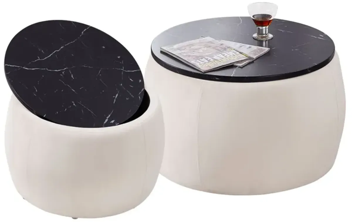 Set Of 2 Nesting Round Storage Ottoman, Coffee Table Footstool With MDF Cover For Living Room