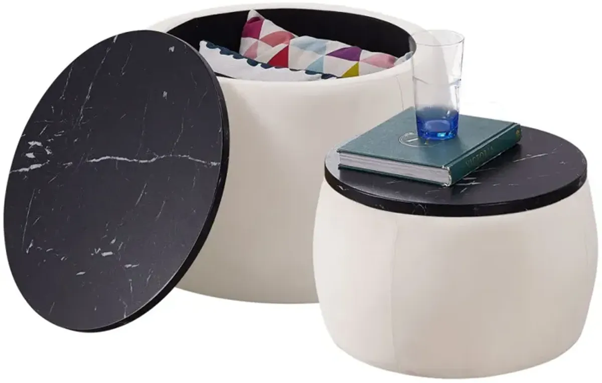 Set Of 2 Nesting Round Storage Ottoman, Coffee Table Footstool With MDF Cover For Living Room