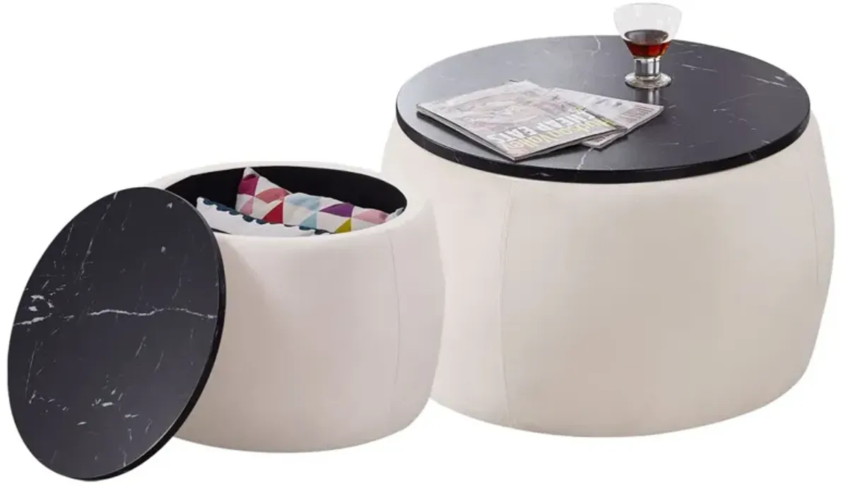 Set Of 2 Nesting Round Storage Ottoman, Coffee Table Footstool With MDF Cover For Living Room