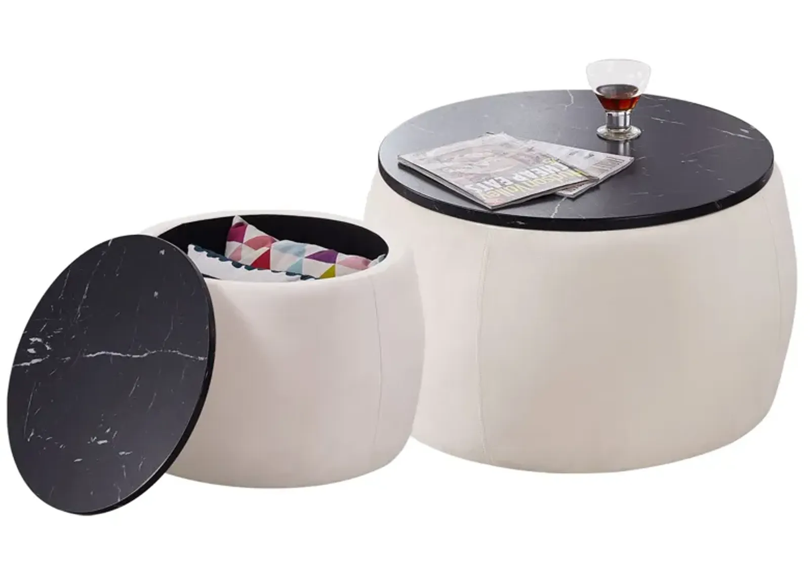 Set Of 2 Nesting Round Storage Ottoman, Coffee Table Footstool With MDF Cover For Living Room