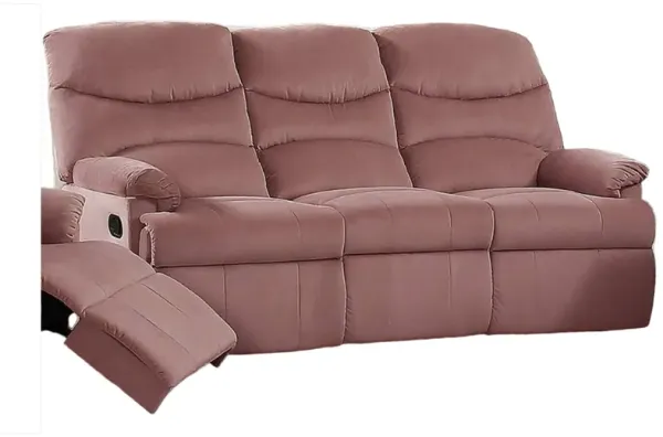Karry Manual Recliner Sofa, Blush Pink Velvet, Solid Wood, 73 Inch - Benzara